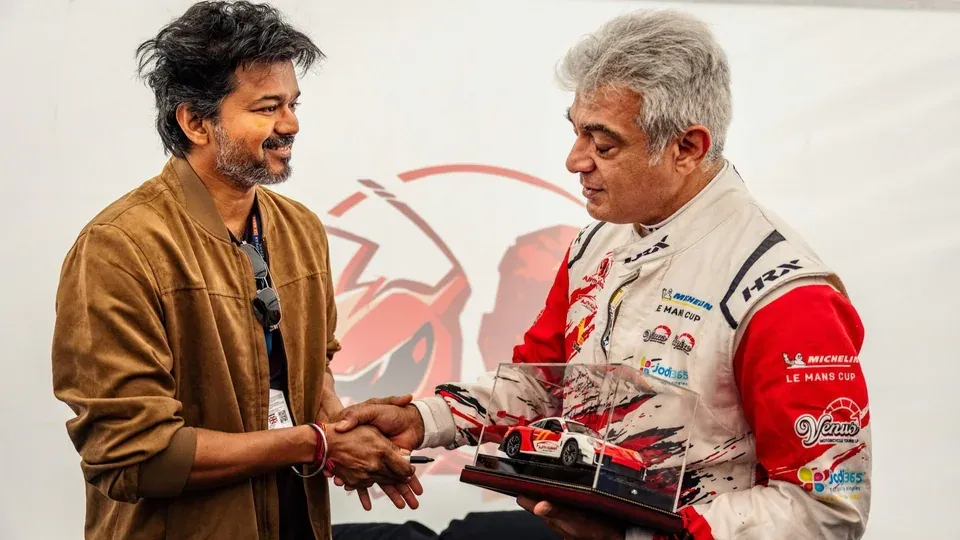 CM Vijay Gifts Miniature Race Car to Ajith Kumar After Le Mans Cup Race